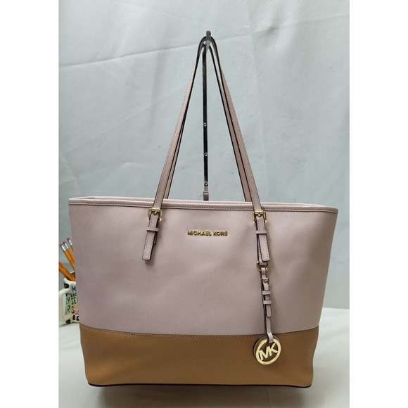 Michael Kors Jet Set Pink Crossgrain Leather Double Handles Tote Shoulder Bag - Picture 1 of 16